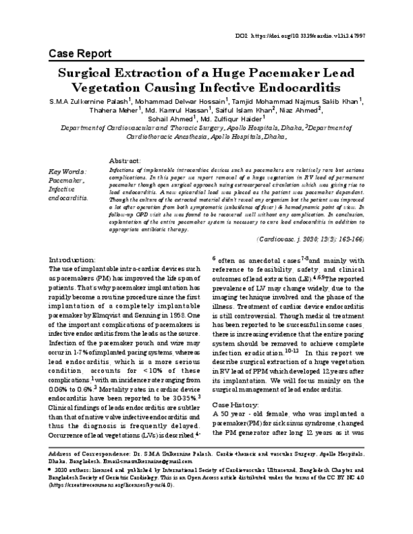 (PDF) Surgical Extraction of a Huge Pacemaker Lead Vegetation Causing ...