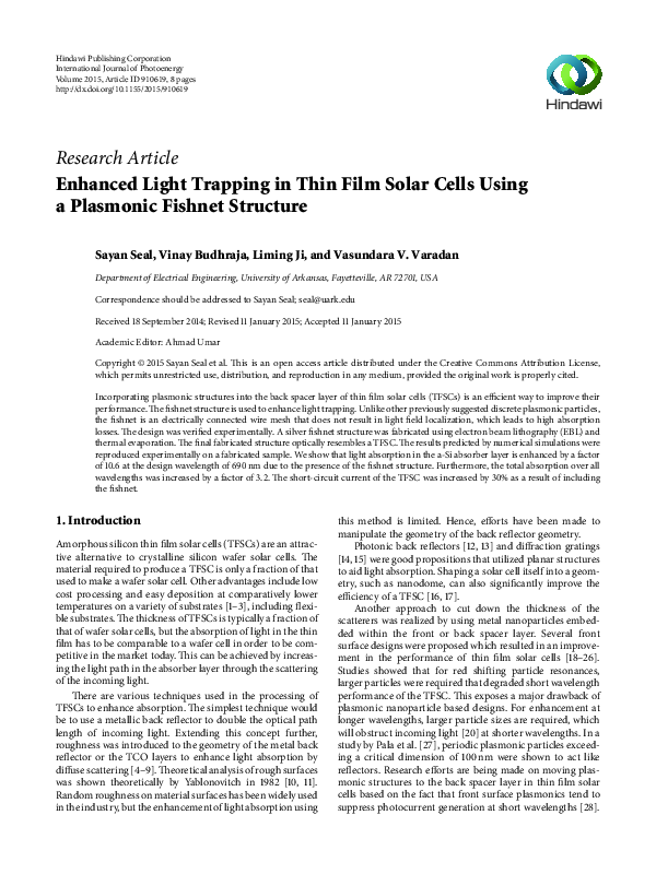 (PDF) Enhanced Light Trapping in Thin Film Solar Cells Using a ...