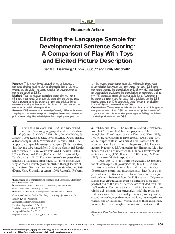 (PDF) Eliciting the Language Sample for Developmental Sentence Scoring ...