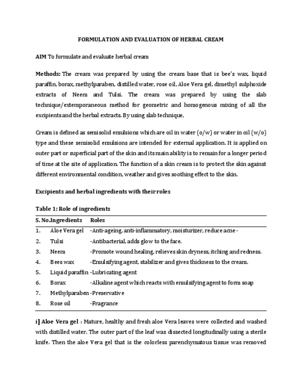 (PDF) FORMULATION AND EVALUATION OF HERBAL CREAM