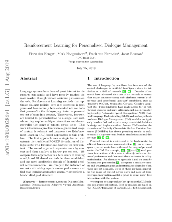 (PDF) Reinforcement Learning for Personalized Dialogue Management