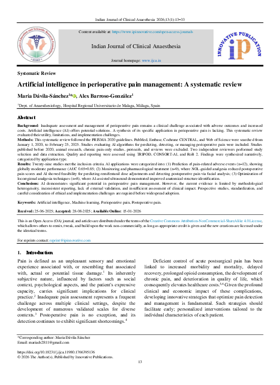 (PDF) Artificial intelligence in perioperative pain management: A ...