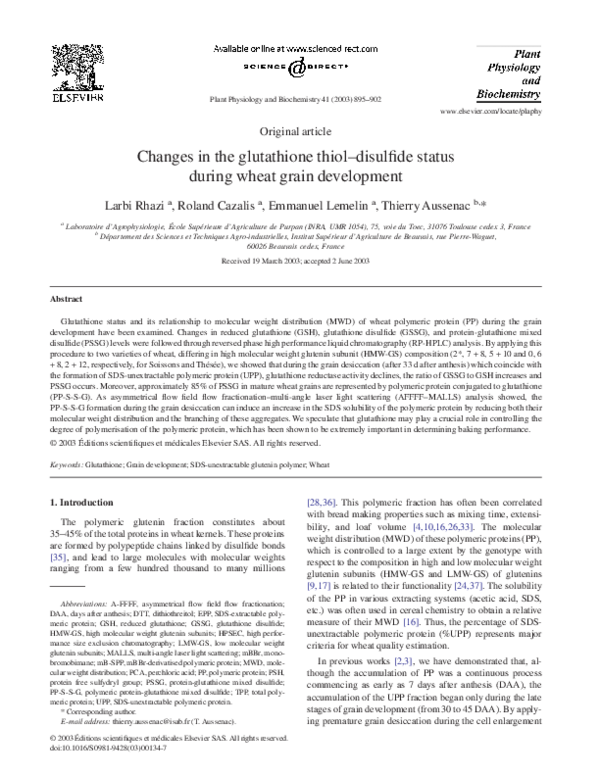 PDF) Changes in the glutathione thioldisulfide status during wheat grain  development