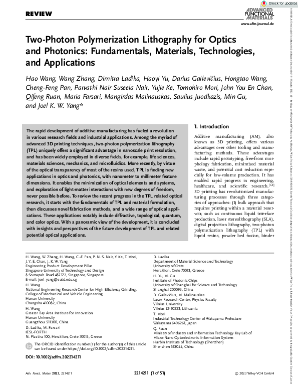 (PDF) Two‐Photon Polymerization Lithography for Optics and Photonics ...