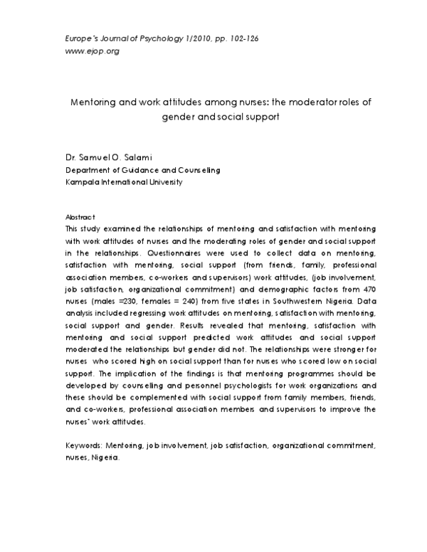 (PDF) Mentoring and work attitudes among nurses: the moderator roles of ...