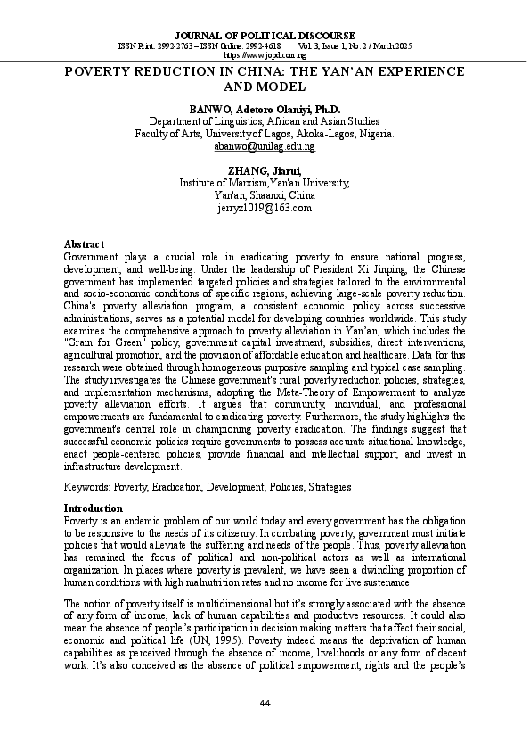 (PDF) POVERTY REDUCTION IN CHINA: THE YAN'AN EXPERIENCE AND MODEL