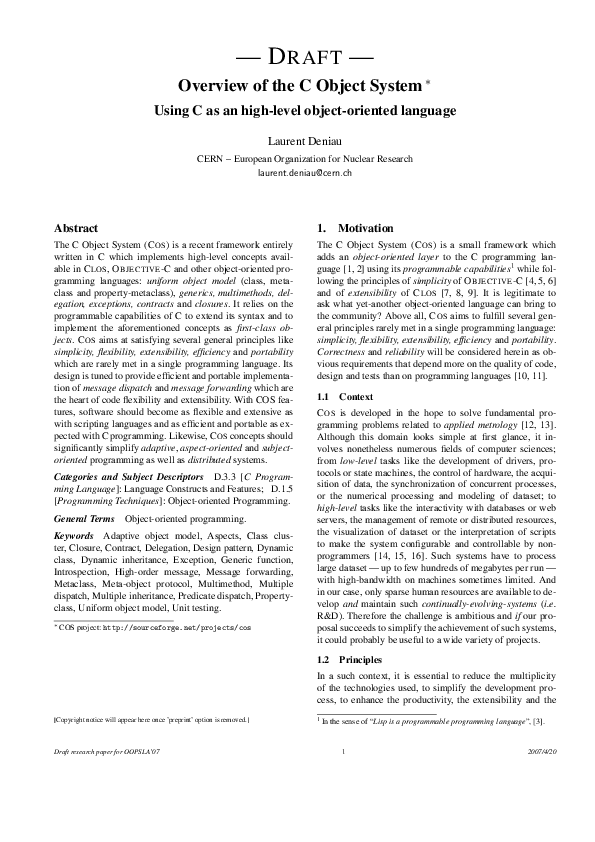 (PDF) — D RAFT — Overview of the C Object System ∗ Using C as an high ...
