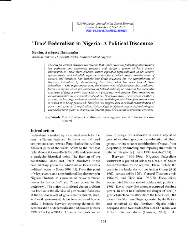 (PDF) ‘True’ Federalism in Nigeria: A Political Discourse