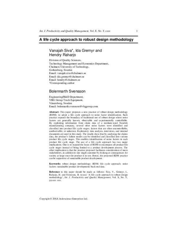 (PDF) A life cycle approach to robust design methodology
