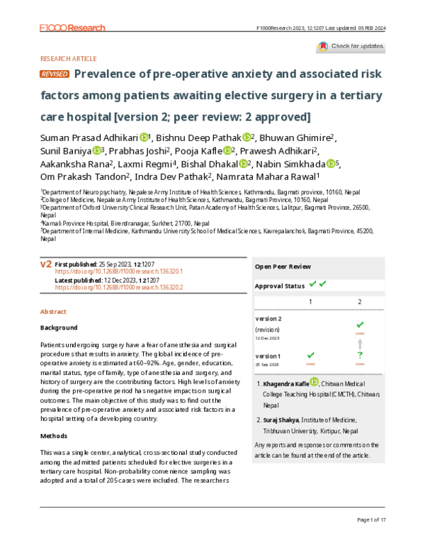 (PDF) Prevalence of pre-operative anxiety and associated risk factors ...