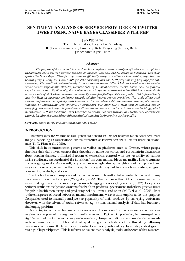 (PDF) Sentiment Analysis of Service Provider on Twitter Tweet Using ...