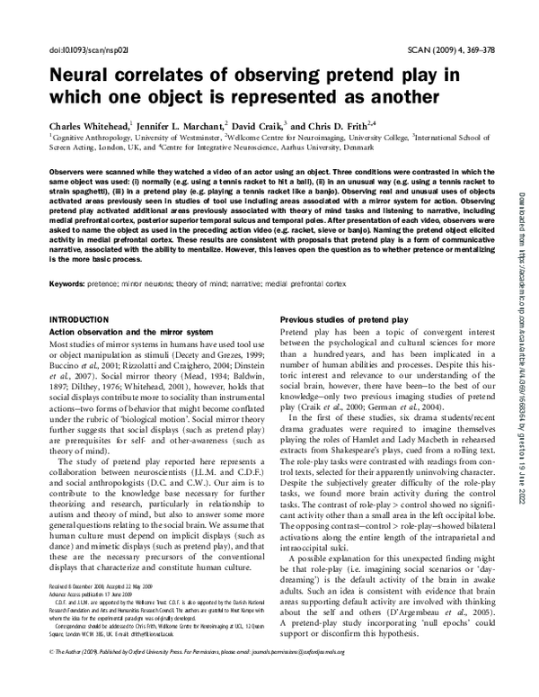 (PDF) Neural correlates of observing pretend play in which one object ...