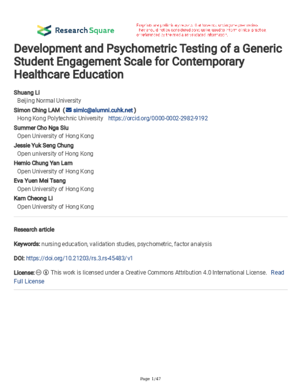 (PDF) Development and Psychometric Testing of a Generic Student ...