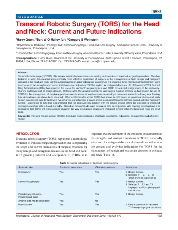 (PDF) Transoral Robotic Surgery (TORS) for the Head and Neck: Current ...