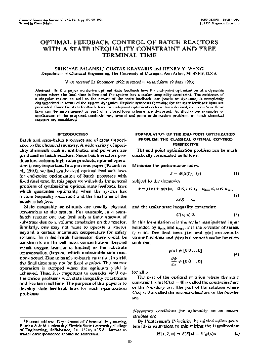 (PDF) Optimal feedback control of batch reactors with a state ...