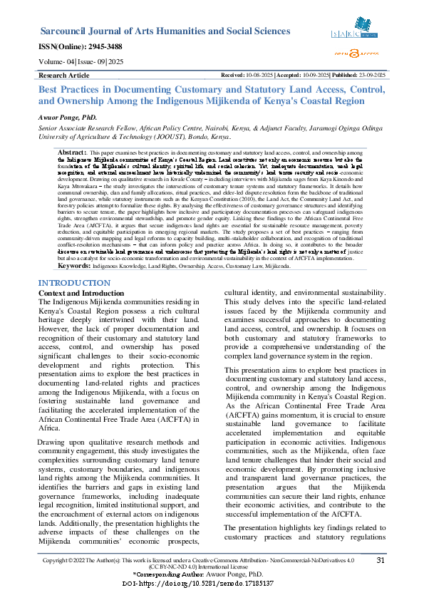 (PDF) Ponge, Awuor. (2025). Best Practices in Documenting Customary and ...