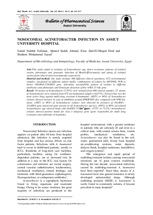 (PDF) Nosocomial Acinetobacter Infection in Assiut University Hospital