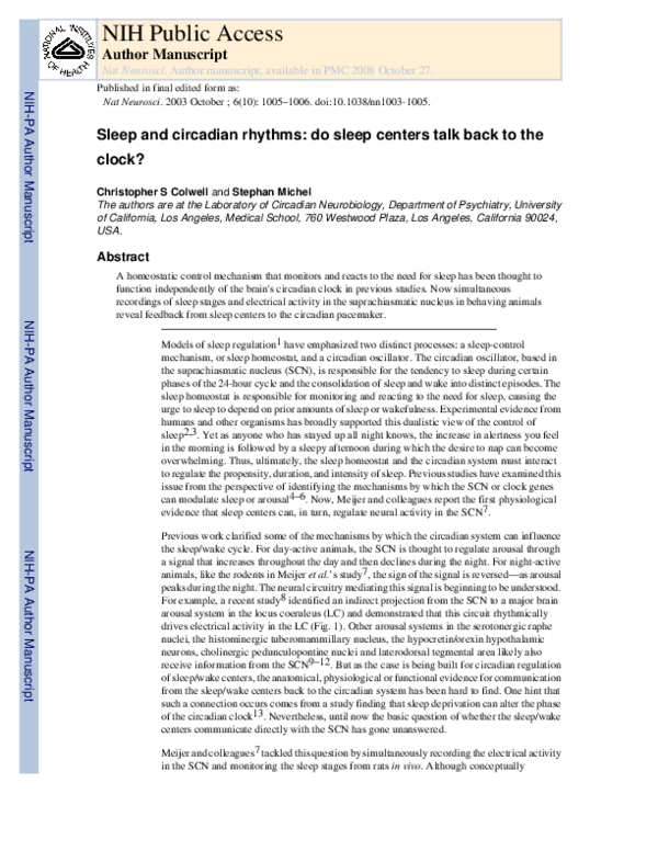 (PDF) Sleep and circadian rhythms: do sleep centers talk back to the clock?