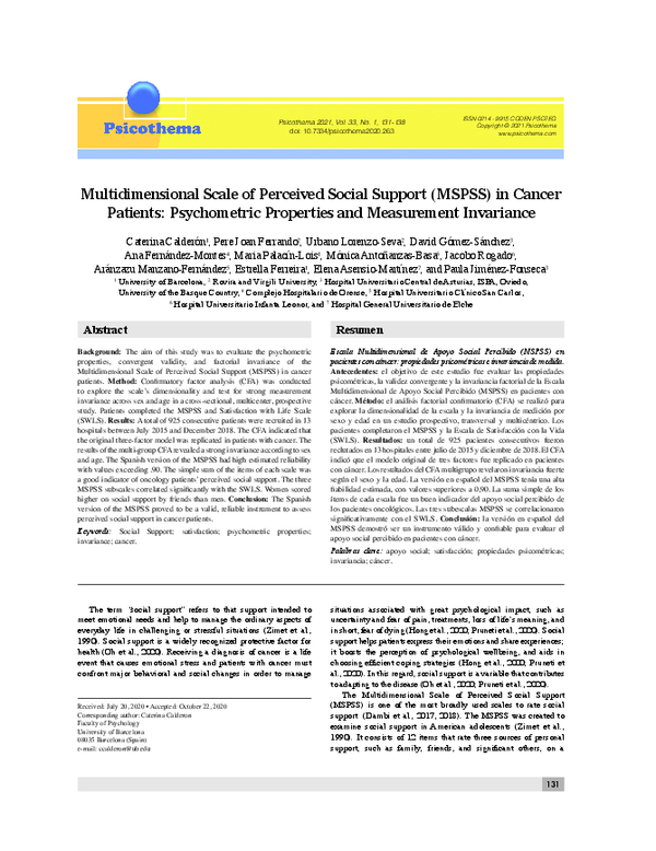 (PDF) Multidimensional Scale of Perceived Social Support (MSPSS) in ...
