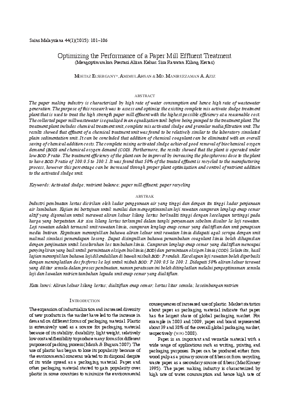 (PDF) Optimizing the performance of a paper mill effluent treatment