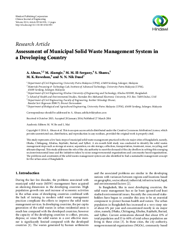 (PDF) Assessment of Municipal Solid Waste Management System in a ...