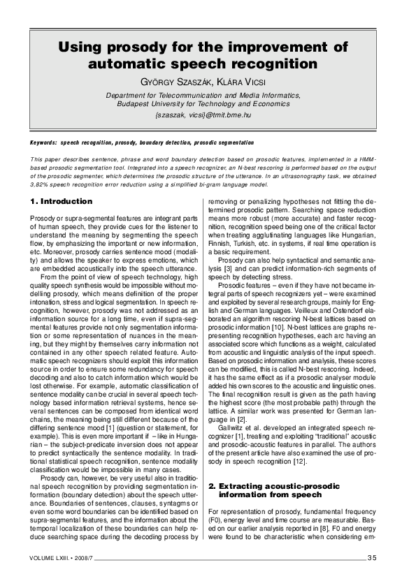 (PDF) Using prosody for the improvement of automatic speech recognition