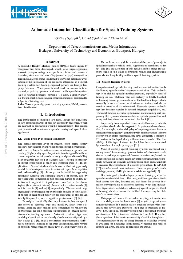 (PDF) Automatic intonation classification for speech training systems