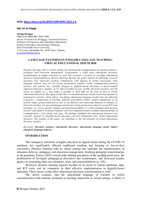 (PDF) Language Patterns in English Language Teaching: Virtual ...