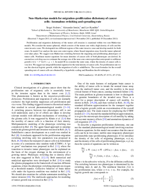 (PDF) Non-Markovian models for migration-proliferation dichotomy of ...