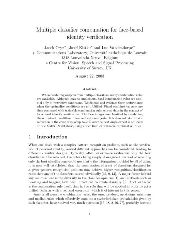 (PDF) Multiple classifier combination for face-based identity verification