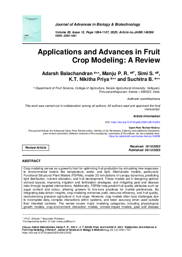(PDF) Applications and Advances in Fruit Crop Modeling: A Review
