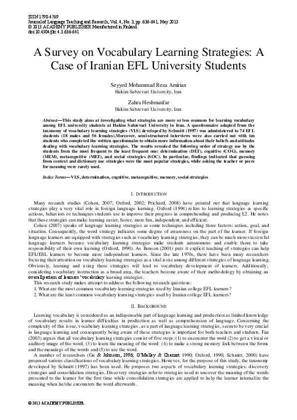 (PDF) A Survey on Vocabulary Learning Strategies: A Case of Iranian EFL ...