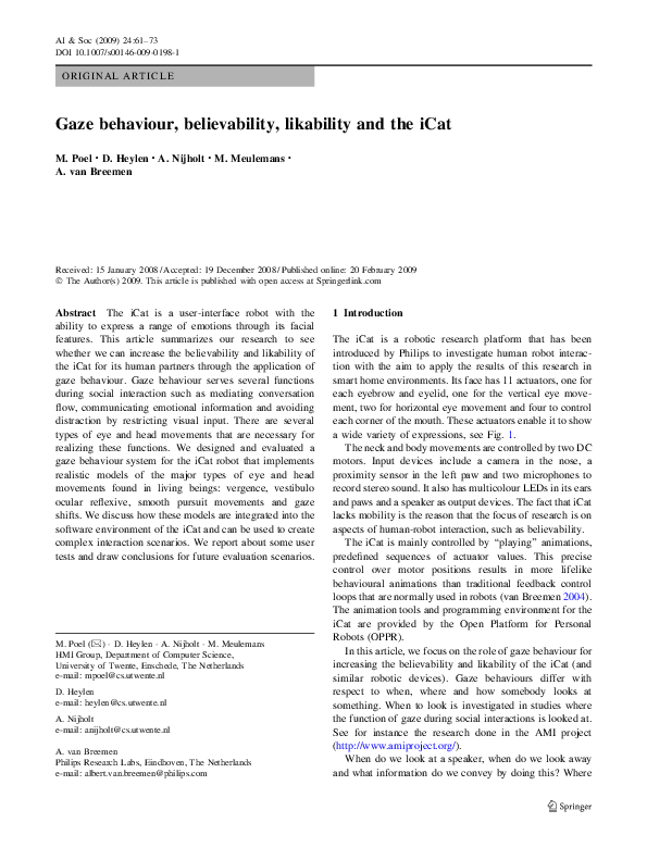 (PDF) Gaze behaviour, believability, likability and the iCat
