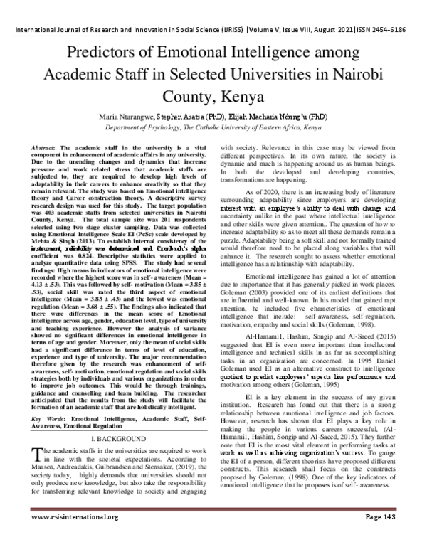 (PDF) Predictors of Emotional Intelligence among Academic Staff in ...