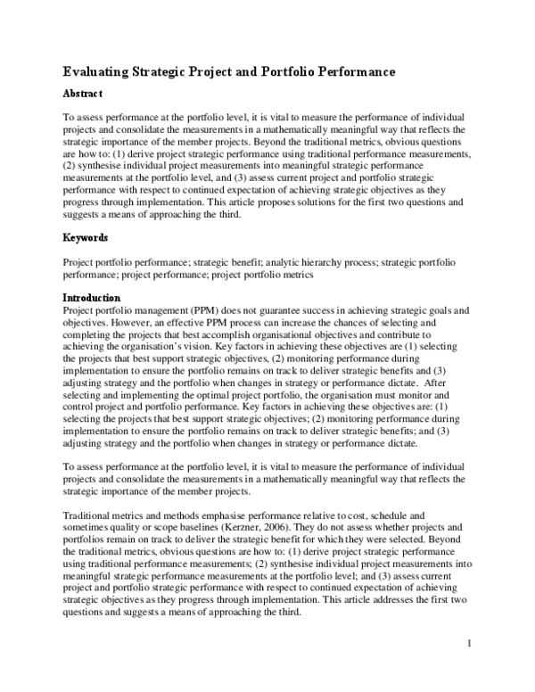 (PDF) Evaluating strategic project and portfolio performance