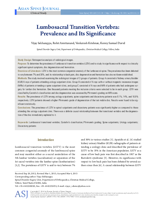 (PDF) Lumbosacral Transition Vertebra: Prevalence and Its Significance
