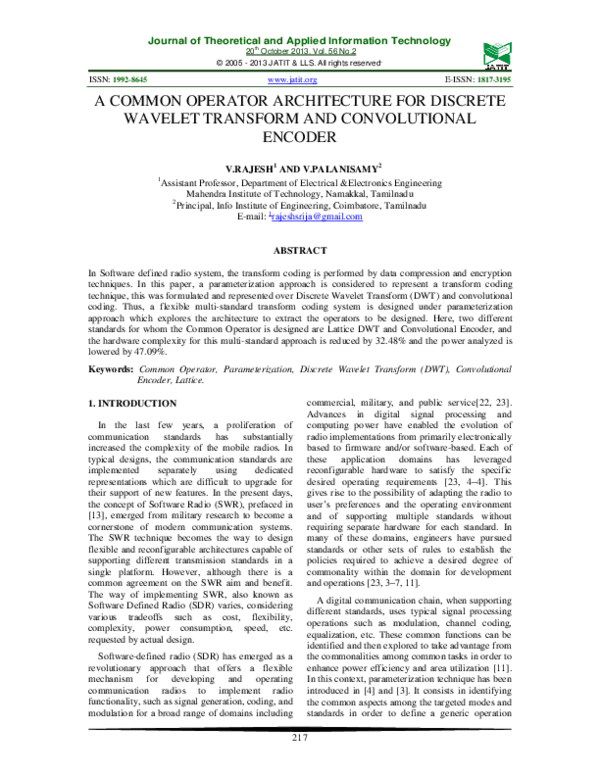 (PDF) A Common Operator Architecture for Discrete Wavelet Transform and ...