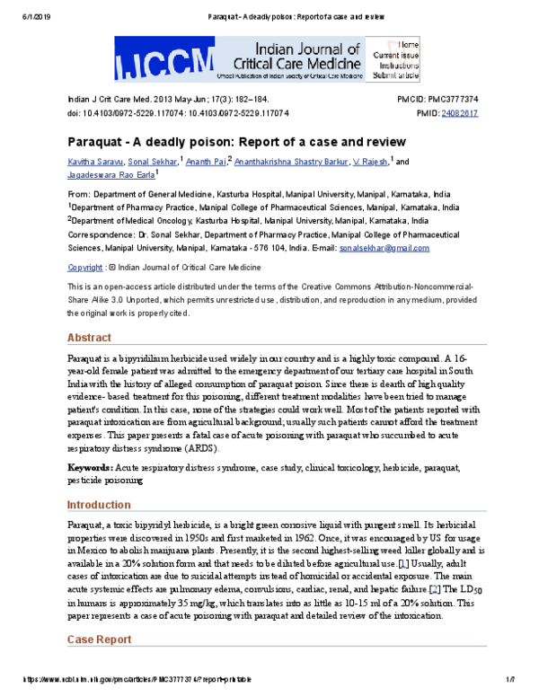 (PDF) Paraquat - A deadly poison: Report of a case and review