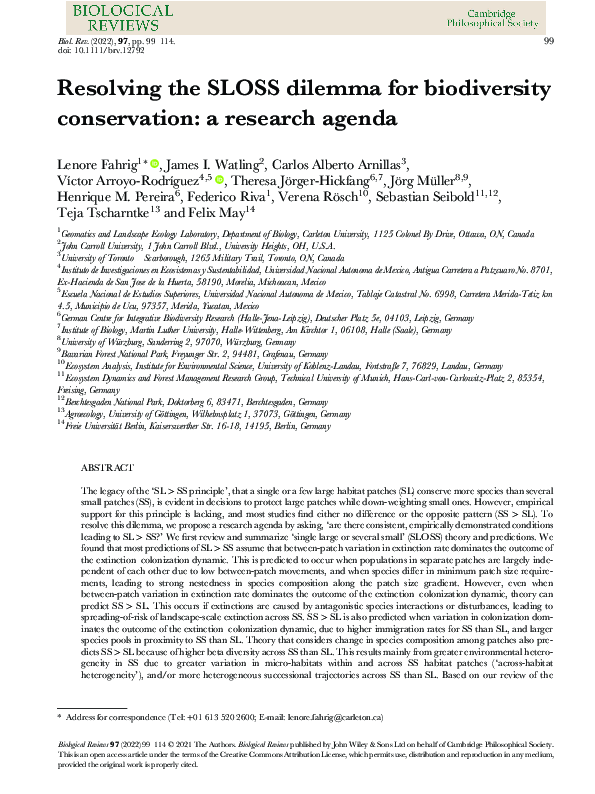 (PDF) Resolving the SLOSS dilemma for biodiversity conservation: a ...