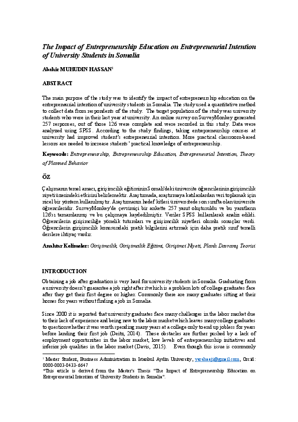 (PDF) The Impact of Entrepreneurship Education on Entrepreneurial ...