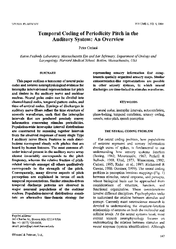 (PDF) Temporal Coding of Periodicity Pitch in the Auditory System: An ...