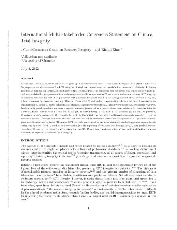 (PDF) International Multi-stakeholder Consensus Statement on Clinical ...