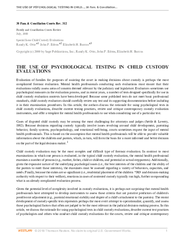 (PDF) The Use of Psychological Testing in Child Custody Evaluations