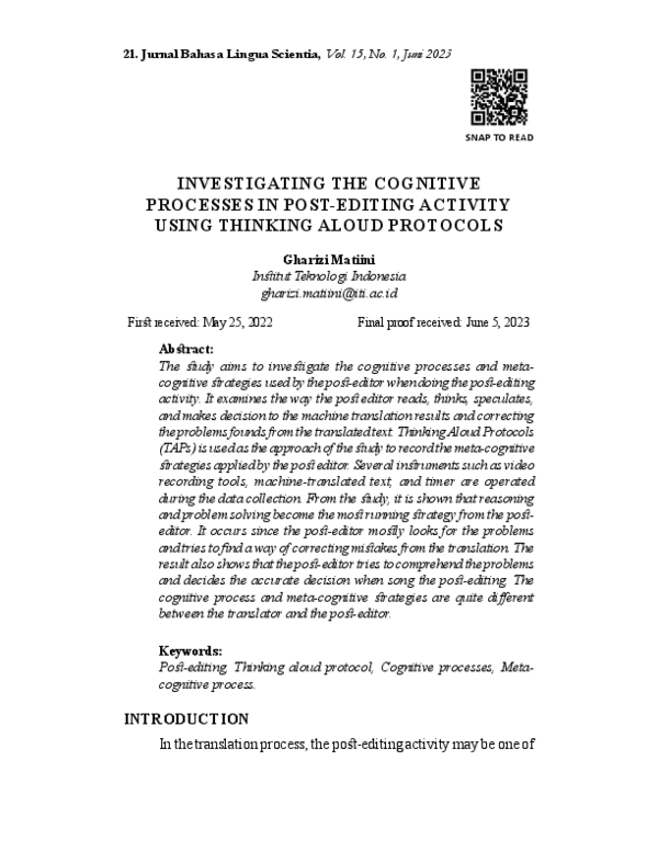 (PDF) Investigating the Cognitive Processes in Post-Editing Activity ...