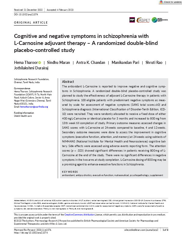 (PDF) Cognitive and negative symptoms in schizophrenia with L‐Carnosine ...