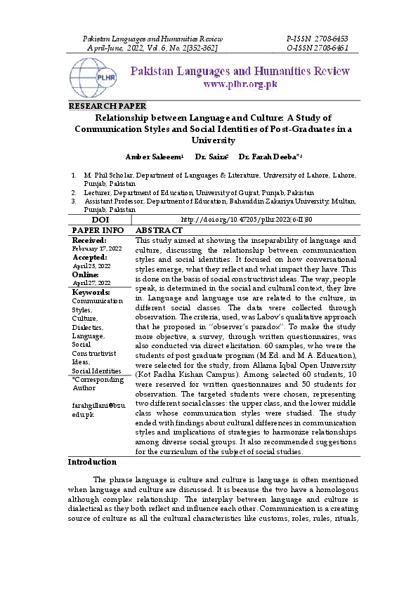 (PDF) Relationship between Language and Culture: A Study of ...