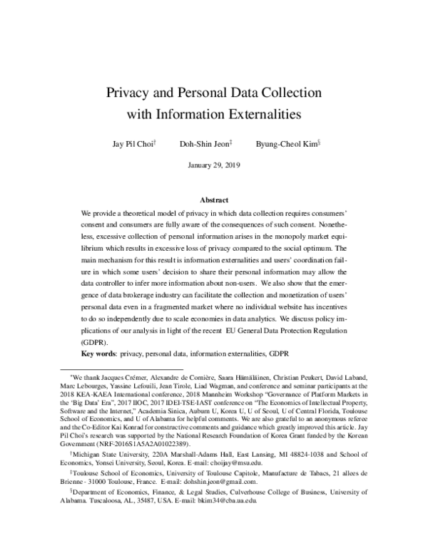(PDF) Privacy and Personal Data Collection with Information Externalities