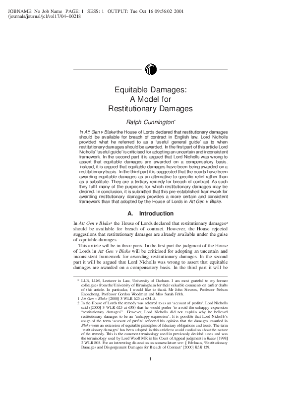 (PDF) Equitable Damages A Model for Restitutionary Damages Ralph