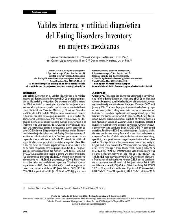 (PDF) Validez interna y utilidad diagnóstica del Eating Disorders ...