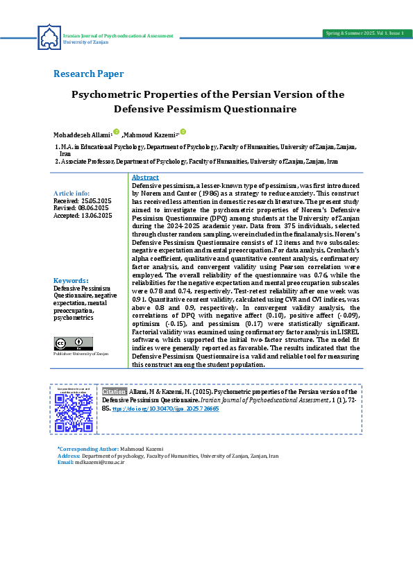 (PDF) Psychometric Properties of the Persian Version of the Defensive ...